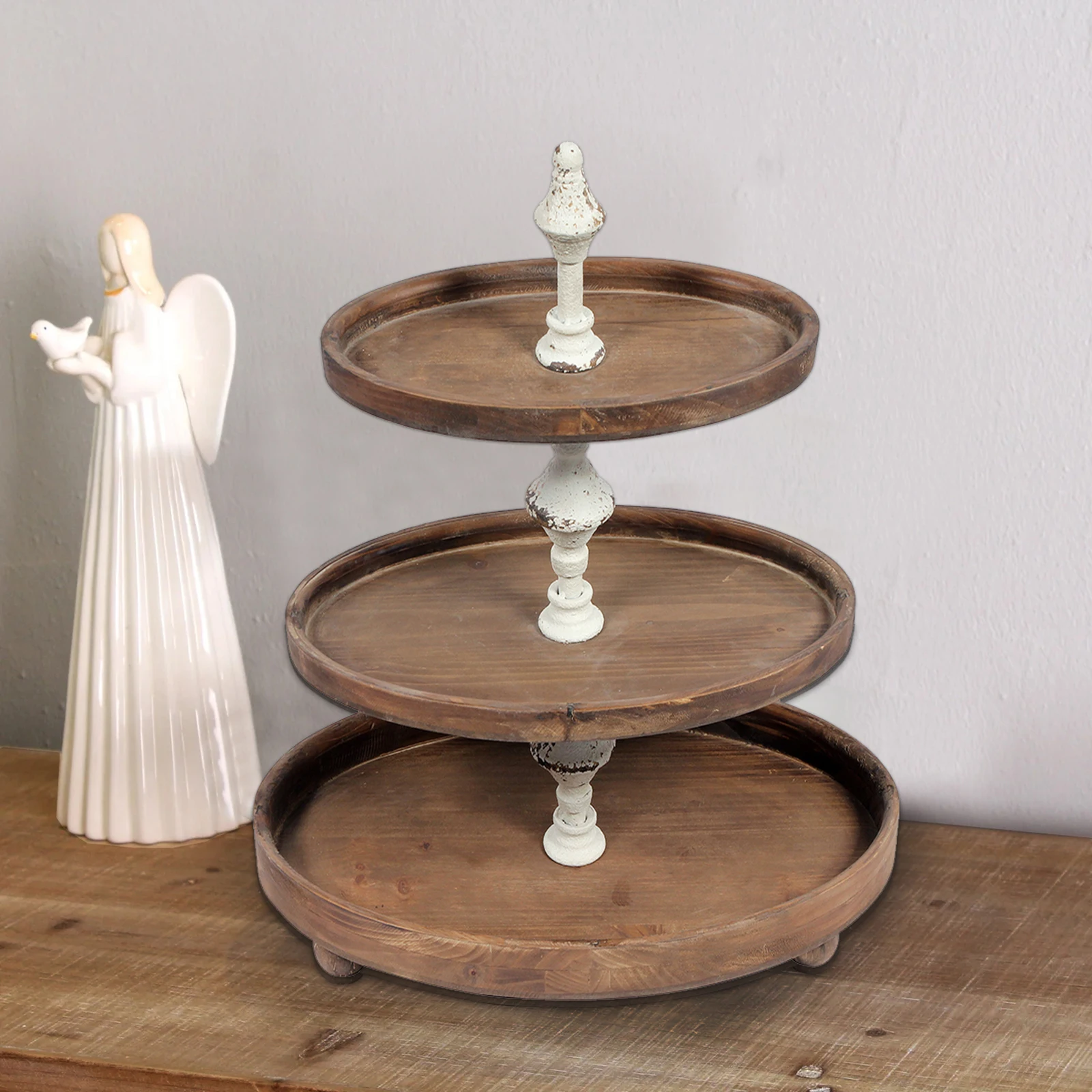 Distressed White Wood Tiered Serving Tray Stand,Rustic Farmhouse Kitchen Decor Three Tiered Tray Cake Stand