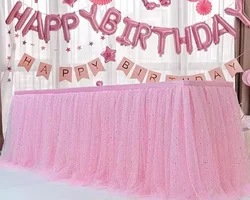 Rectangle round candy Baby pink tulle table skirt Dot Table tutu cloth wedding decor table fluffy skirting