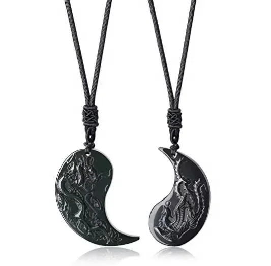 Obsidian Necklace for 2 Dragon  Phoenix Ying Yang Black Obsidian Necklace Pendant Couples Necklaces for Boy