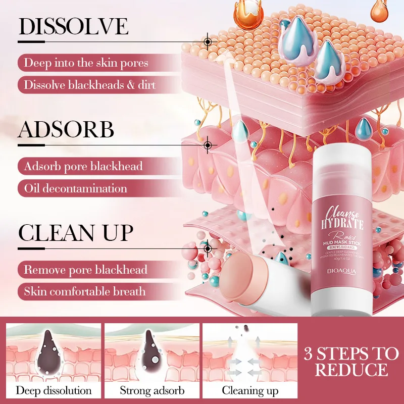 BIOAQUA Organic Clay Mask Stick Pink Rose Face Mud Clay Deep Cleansing Hydrate Facial Mask For Acne Blackhead Large Pores