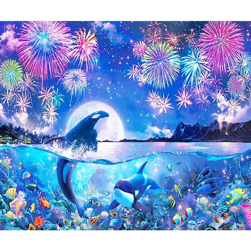 Fireworks On The Sea Full Round Diamond Painting Kits Dot Dolphins Paintings Product