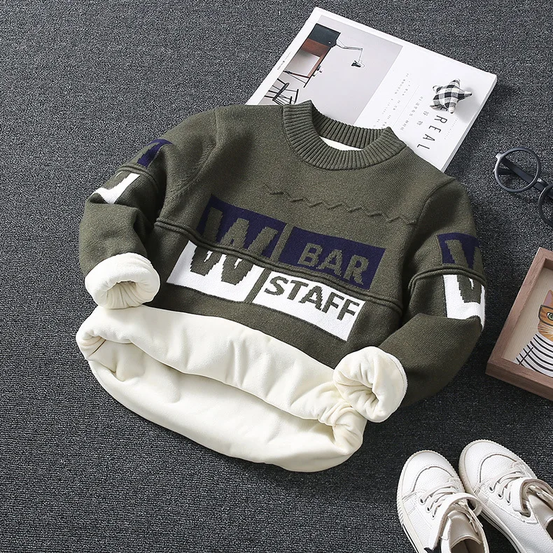 
Winter thick warm fleece inside round neck boys knit print children sweater 