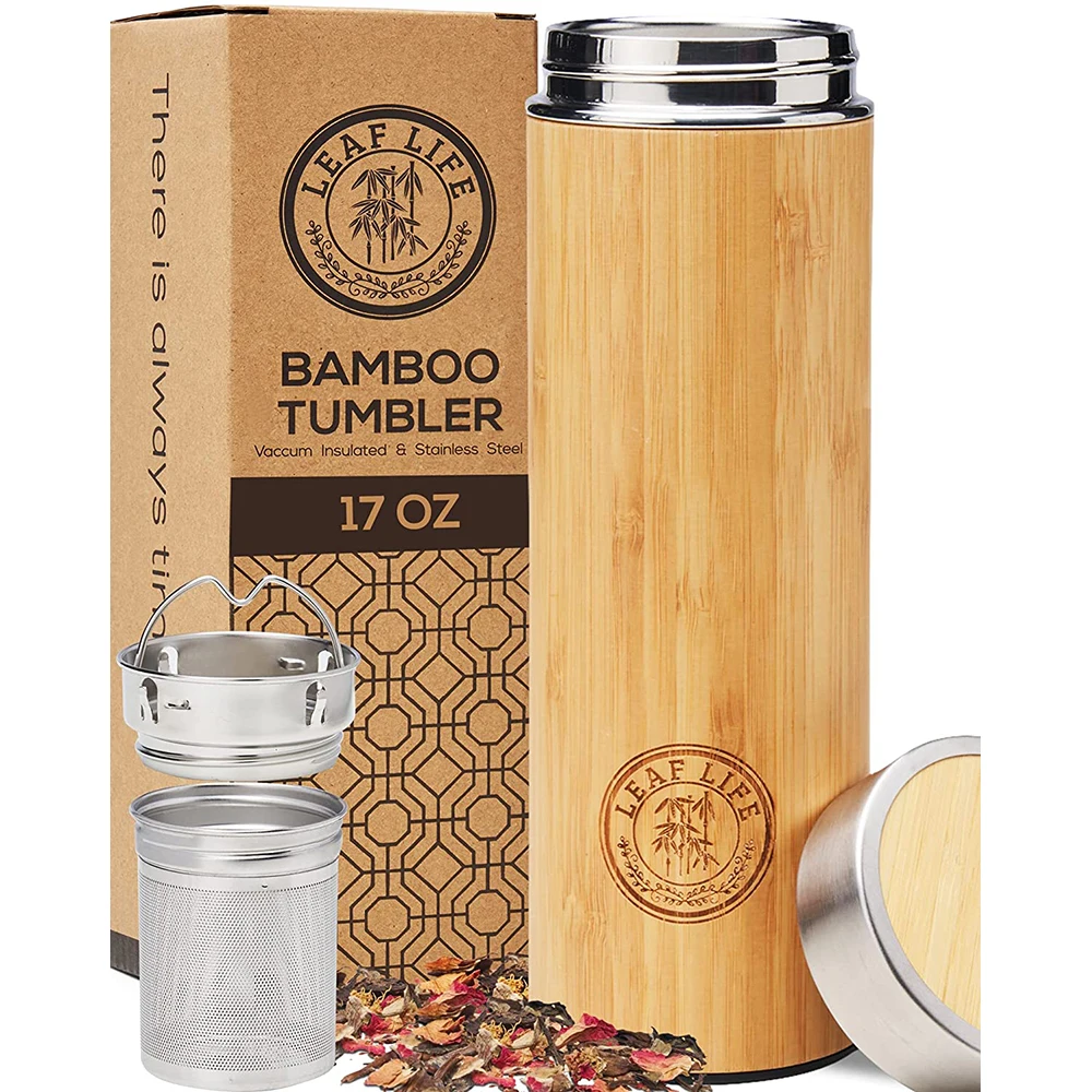 Eco Friendly water bottle Bamboo Wood sleeve Stainless Steel Vacuum Insulation Thermal Flask with Tea Infuser