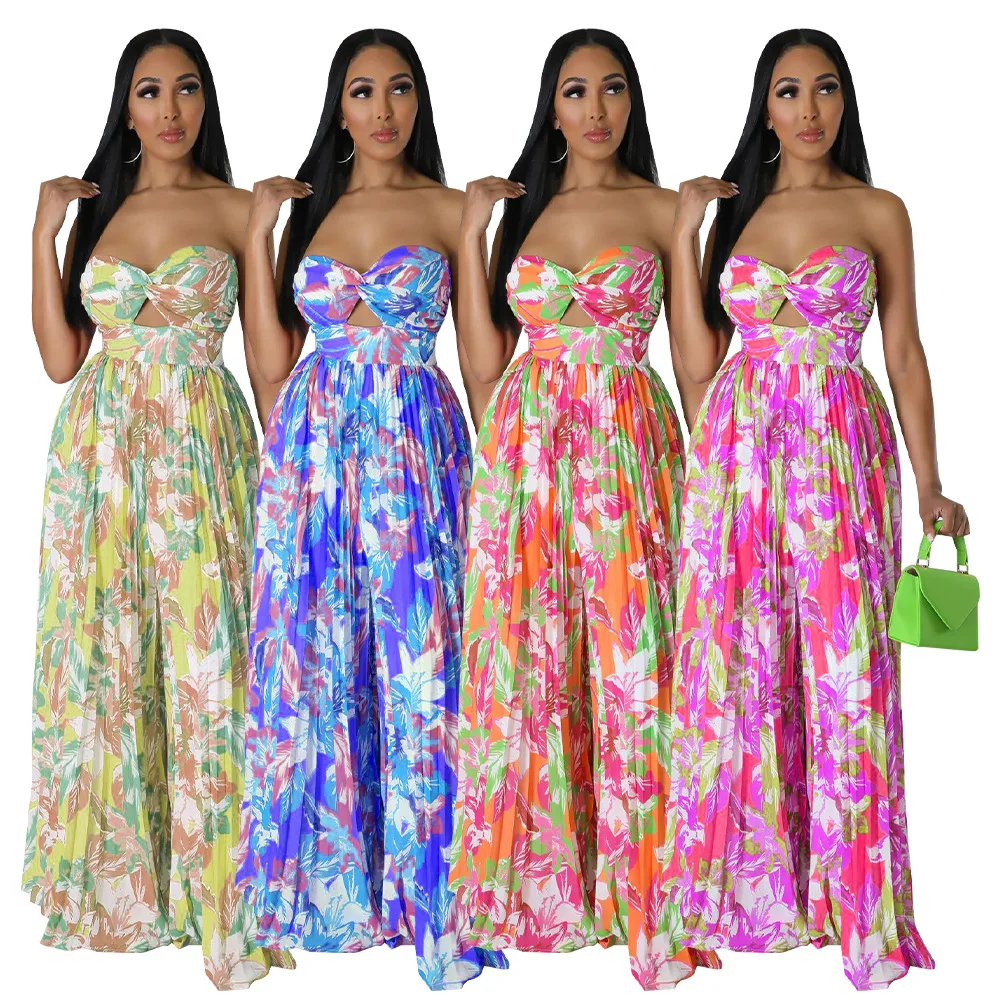 One Piece Long Pants Jumpsuits Romper Women Summer Flower Print Strapless Bowknot Pleated Backless Wide Leg Straight Jumpsuit