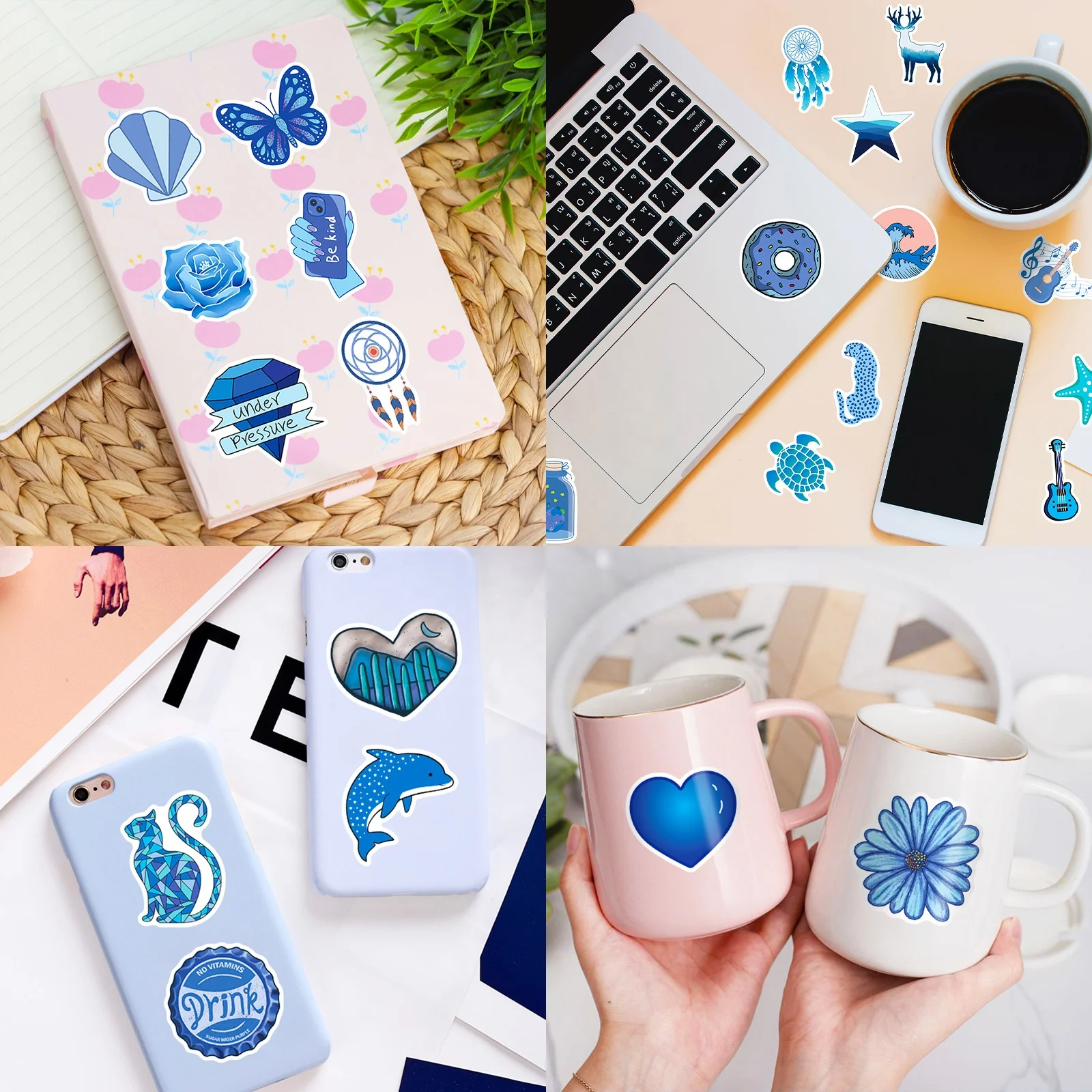 50pcs Blue Cute Stickers, Waterproof for Laptops,  bottles,  Luggage, Cars,  Gift Favors & Decor, T01040670