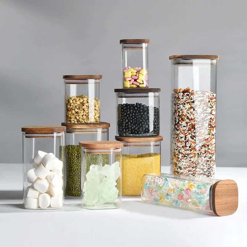 Food/spice/coffee Storage Jar Container Set Bamboo Lids Square High Borosilicate Glass Modern Camping Kitchen Food Glass Bottle