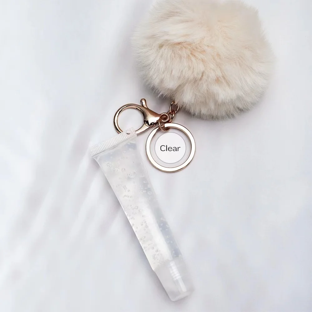 Private label lip glossy clear lip gloss container with Pompom ball chain customized liquid lipgloss with key chain