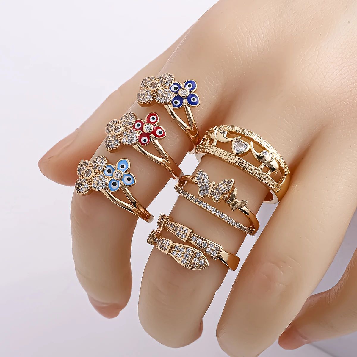 Trendy zircon rings jewelry copper 18K gold plated evil eyes snake elephant butterfly ring for women oro laminado mujer anillo