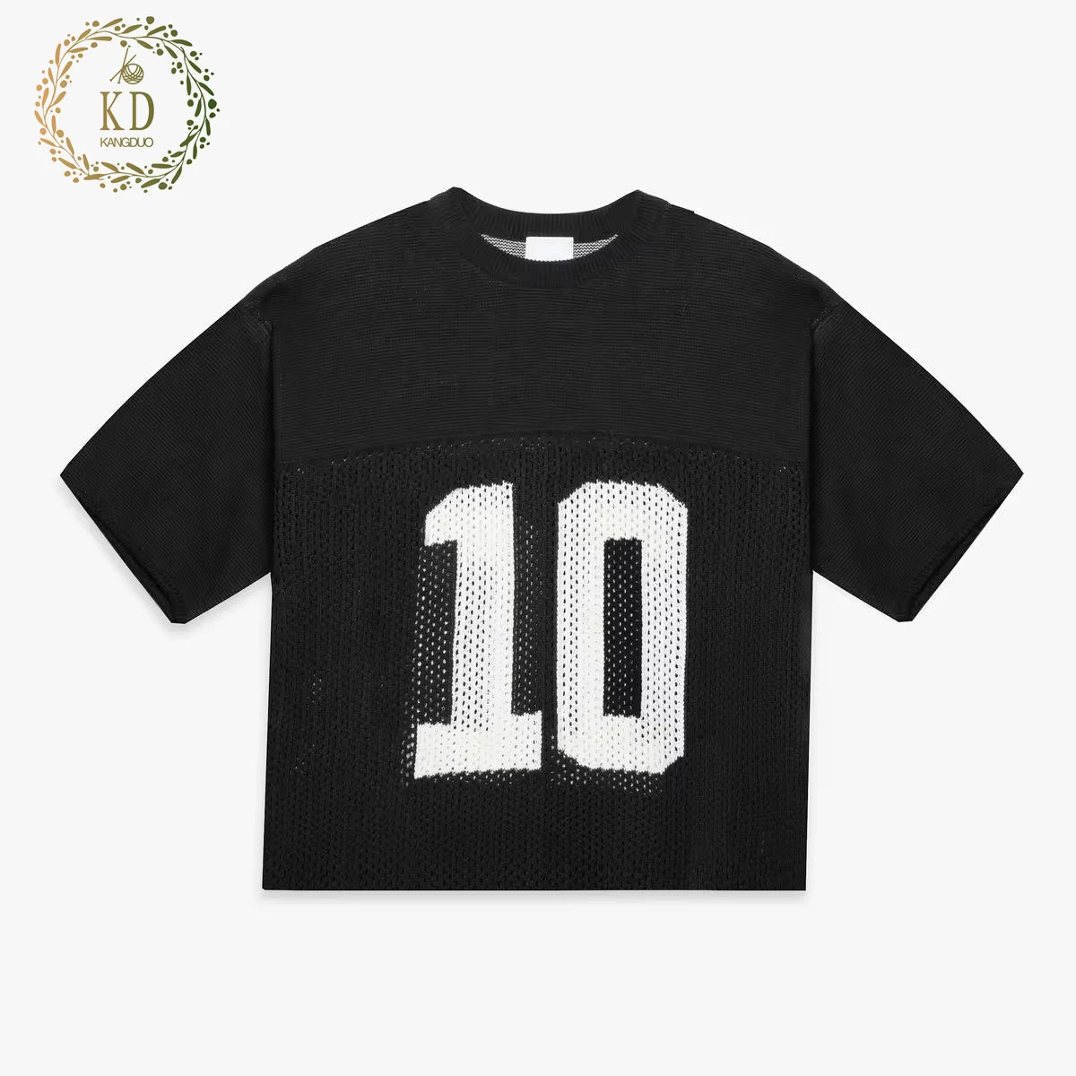 KD Knitwear Manufacturer Custom OEM ODM Pattern Black Short Sleeve Sweater Hollow Out Crochet Shirts Basketball Knit Mesh Jersey