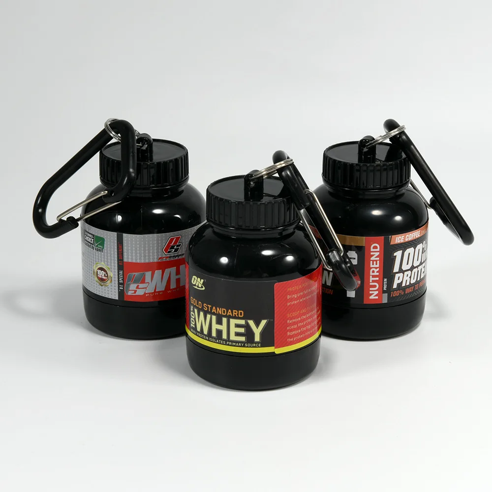 Hot Selling 100ml 200ml Portable Plastic Protein Powder Container With Keychain Fitness Supplement Pill Bottle