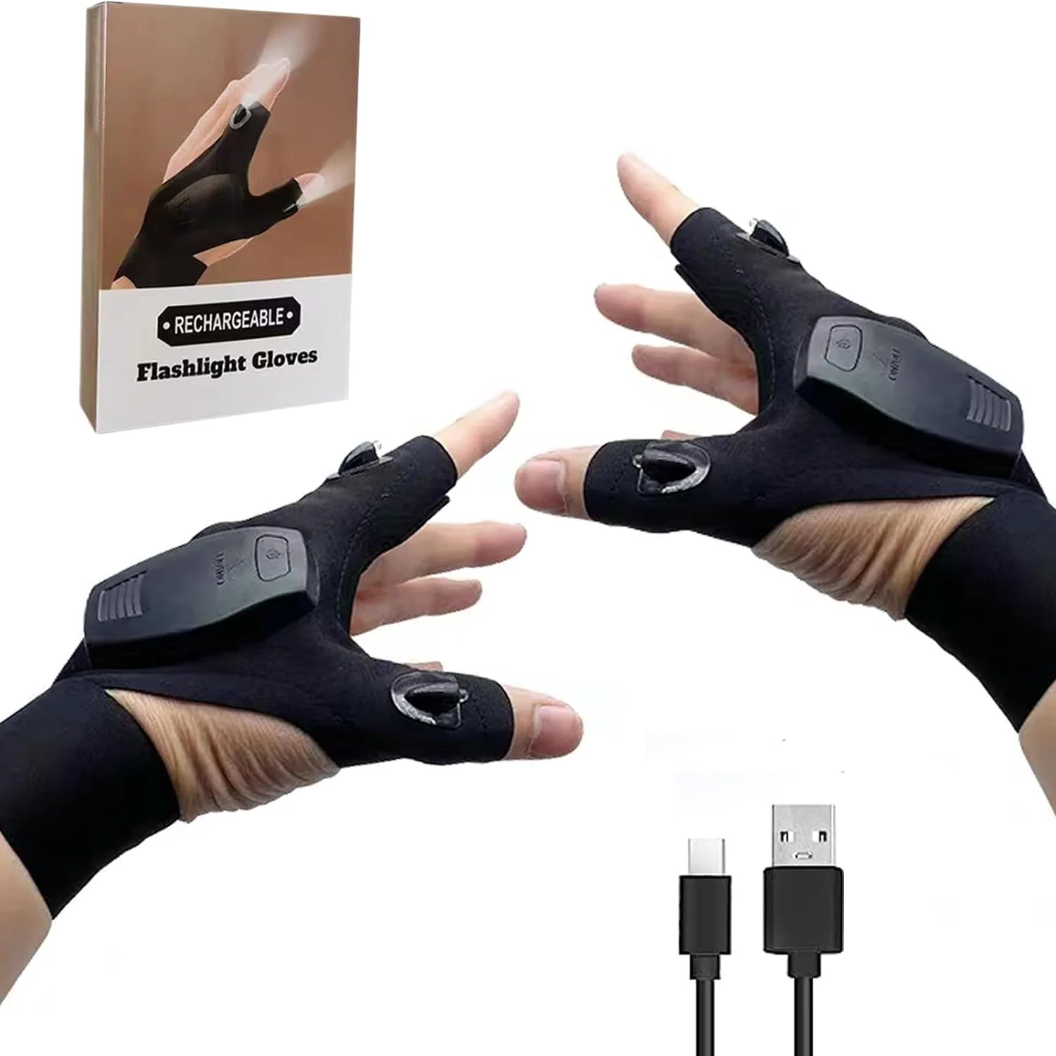 Rechargeable LED Flashlight Glove Outdoor with Lights Novelty Fishing Gifts for Men Dad Tool Gadgets Gifts for Repairing Fishing