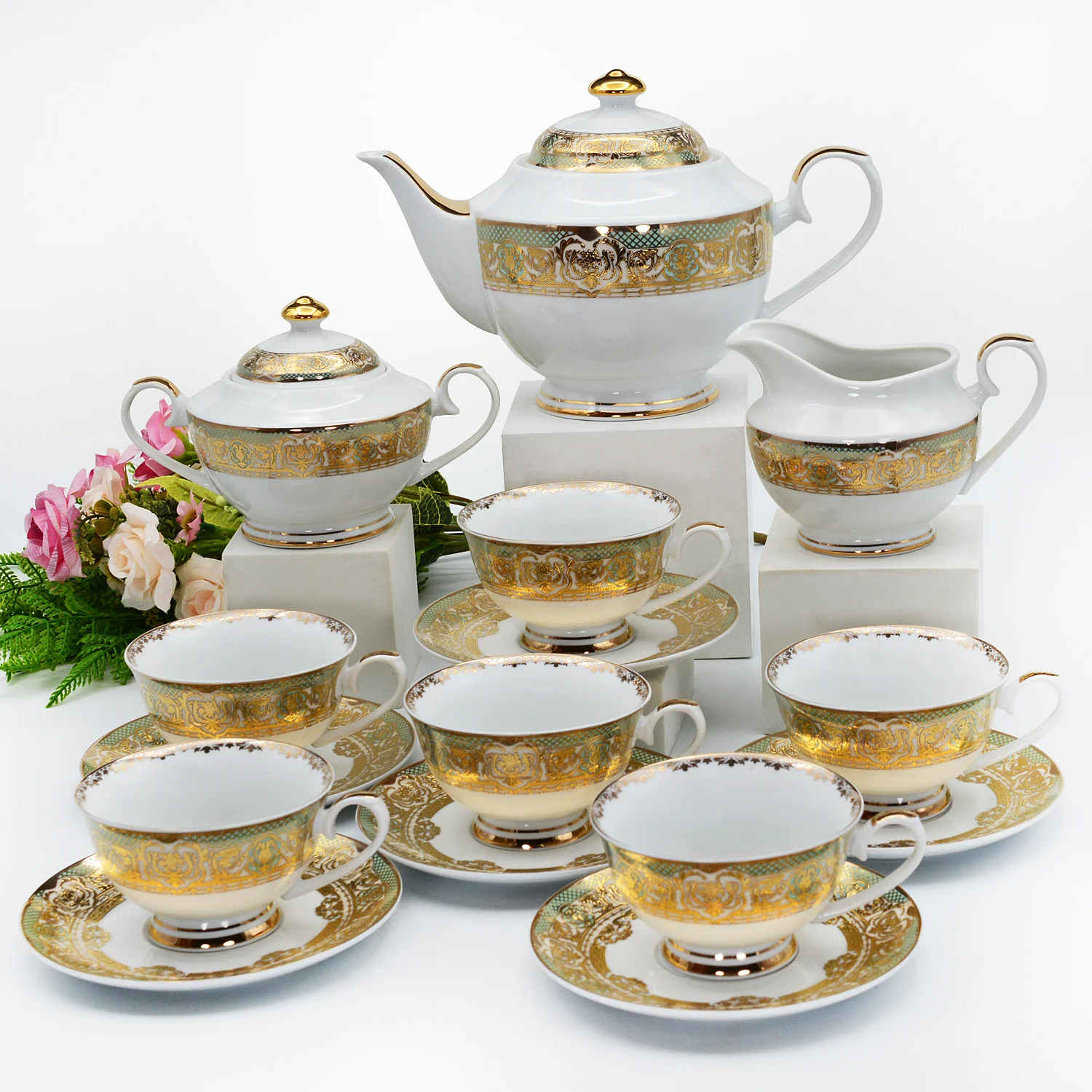 KAROSA Luxury Western style 17PCS tea/coffee set for 6 person German 24K embossed shiny real gold dinner set