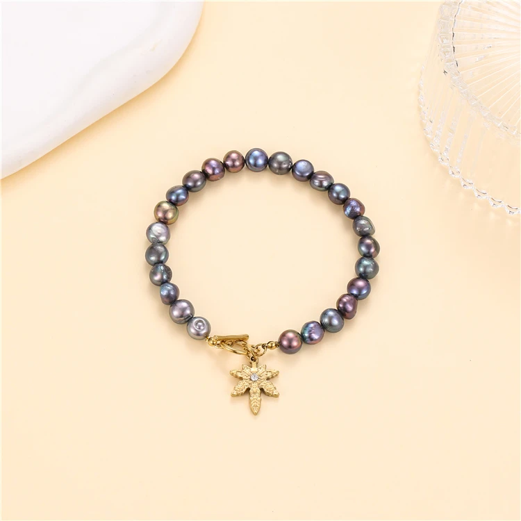 Bead Bracelet Set Stainless Steel Gold Plated Non-fading 18k Punk Jewelry Black Natural Freshwater Pearl Gift