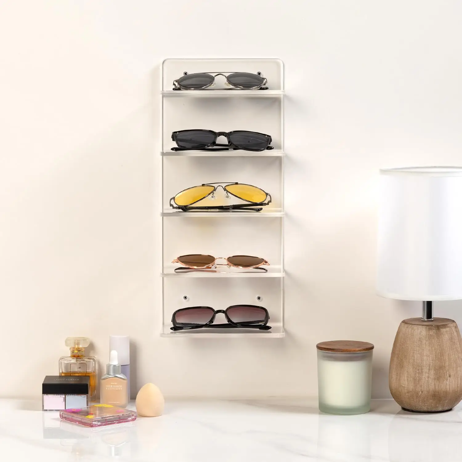 Premium 5-Tier Clear Acrylic Sunglasses Holder Rack Wall-Mounted Eye Glasses Shelf for Retail Eyewear Showcase Storage Organizer