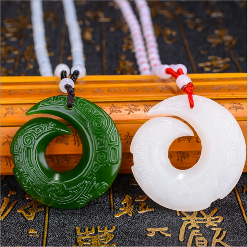 White Jade Rune Pendant Chinese Fashion Carved Amulet Jewelry Natural Double-sided Women Charm Men Gifts Necklace Jadeite