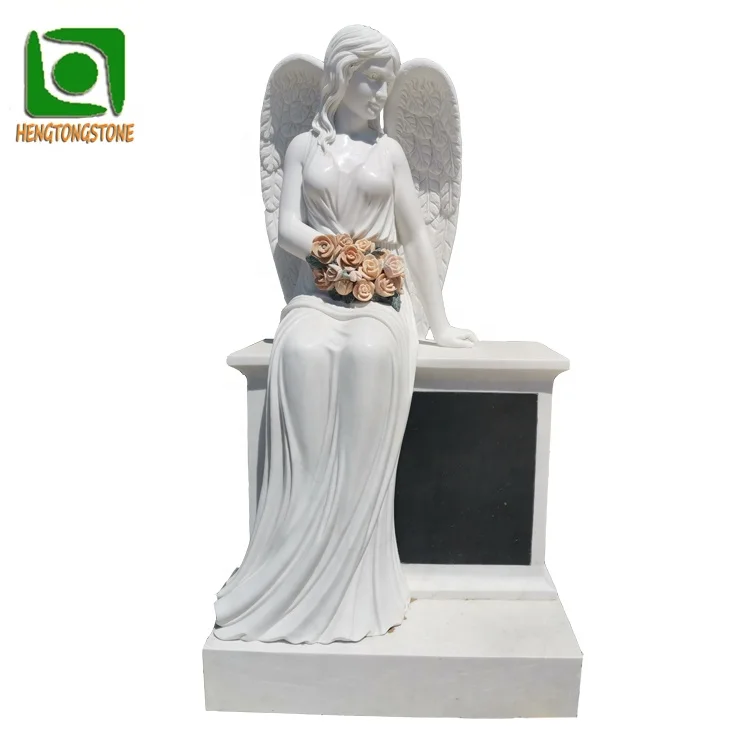 Cemetery Hand Carved White Marble Sitting Angel Tombstone Gravestone