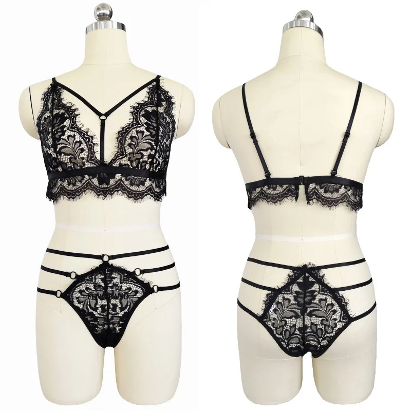 Lace sexy lingerie female sexy underwear hot style see-through eyelash string bundled bra set women sexy nightwear two-piece