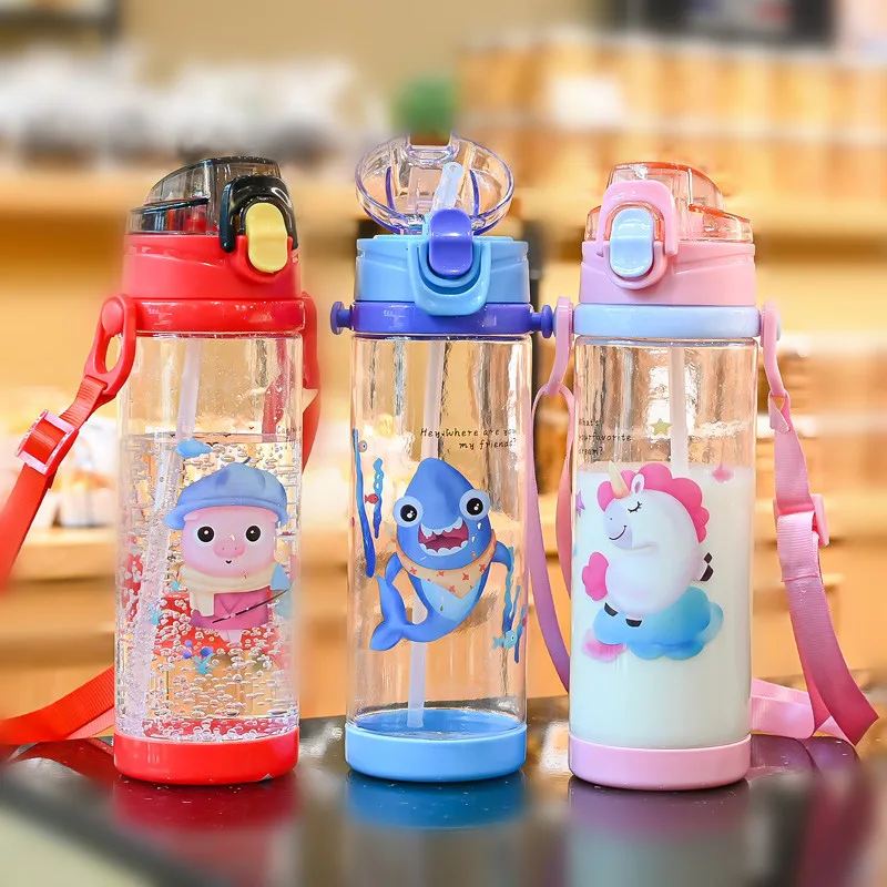New Arrival 700ml Kids Cartoon School Student Portable Leak Proof Bpa Free Plastic Water Bottle With Straw Strap