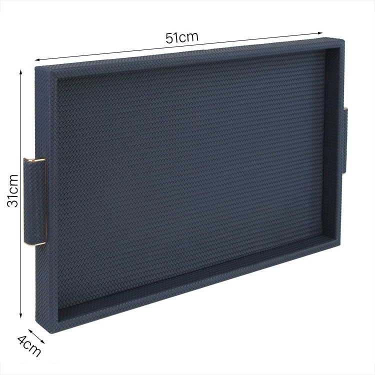 Blue Braided Leather Tray Decorative Storage Tray Home Decor with Silver Metal Handle