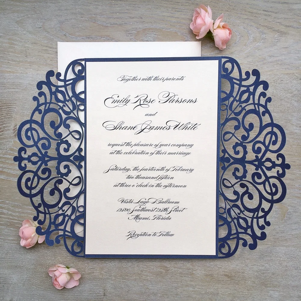 Wholesale Cheap Unique DIY Navy Laser Die Cut Wedding Invitation with Satin and custom laser invitation cards