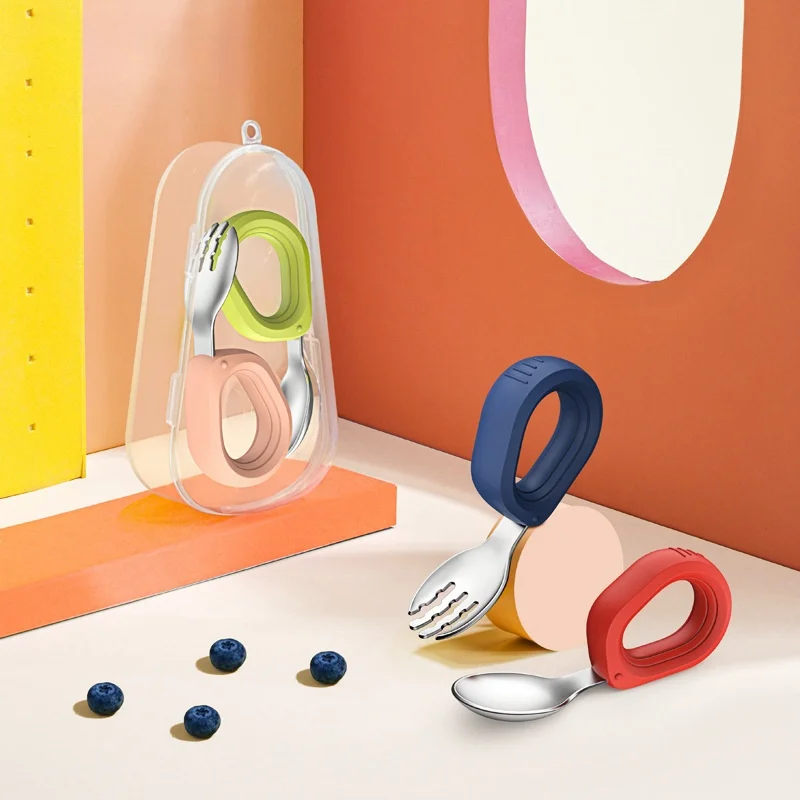 Eco-friendly Stainless Steel Round -handle Spoon and Fork Set Portable Spoon and Fork Set for Baby Kids