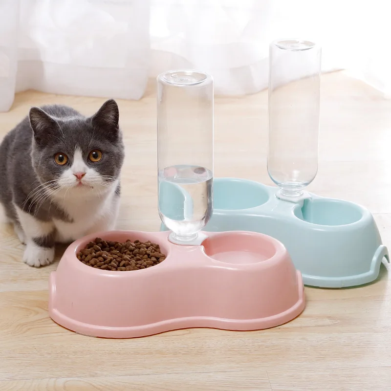 Round plastic pet double bowl with drinking bottle for eating and drinking 2-in-1 anti-skid 4-color dog and cat rice bowl