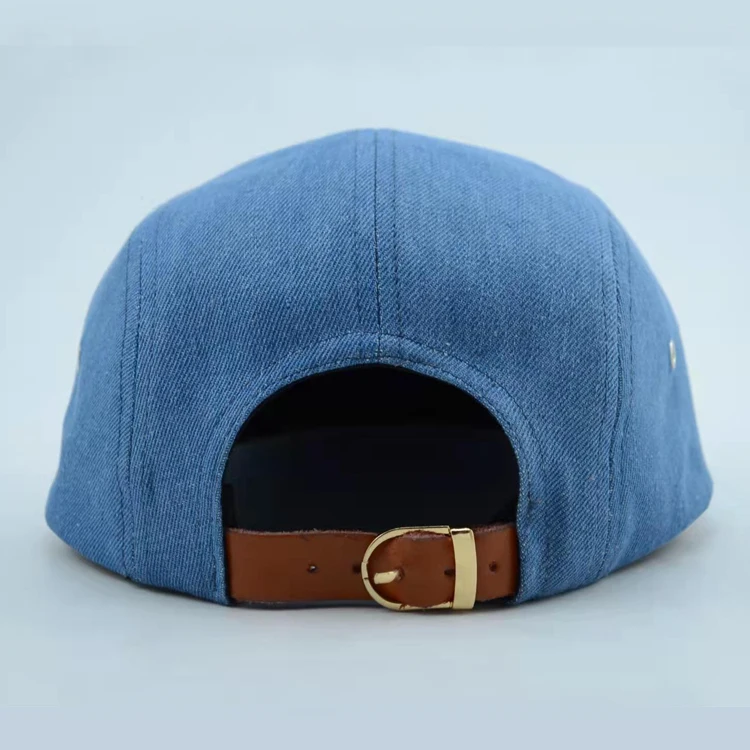 Custom Leather Patch 5Panel 5 Five Panel Denim Camp Camping Camper Hat Cap With Leather Strap Back Leather Logo