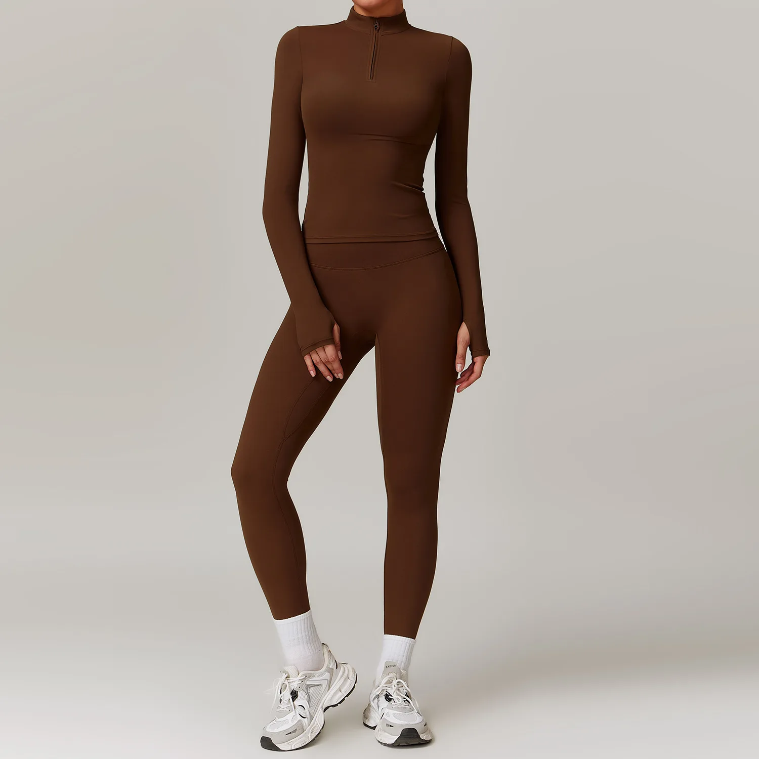 Nylon T shirts Legging 2pcs set 1/4 Zipper Active Wear Tracksuit Exercise Athletic Long Sleeve Gym Workout Yoga Sets for Women