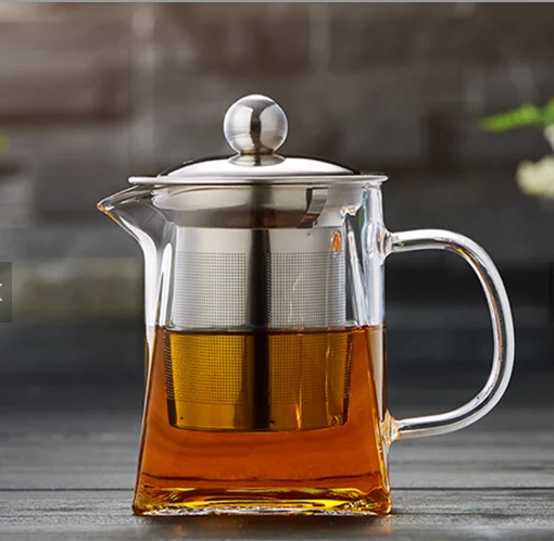 New design square shape pyrex glass teapot with handle and stainless steel infuser