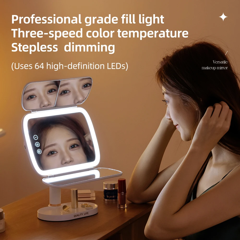 Oem Magnifying Led Makeup Mirror Screen Touch Led Lightes Trifold Magnification Foldable Makeup Mirror Espejo De Maquillaje