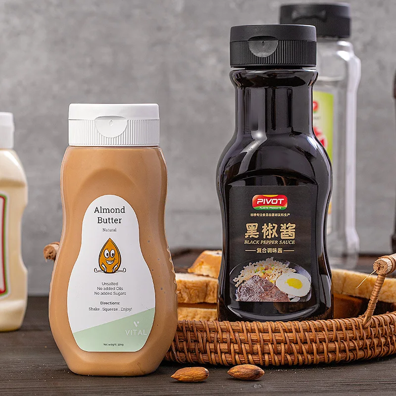 Factory Price Flat Plastic Crowded Jam Bottle Squeeze Sauce Honey Bottle With Screw Lid Silicone Valve