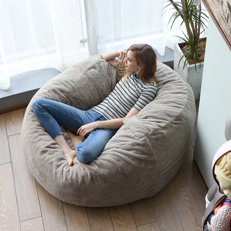 Customized Faux Fur Foam Filled Bean Bag Drawing Room Comfortable Giant Seat Bean Bag Oversize Beanbag Sofa Chair Pure Brown XXL