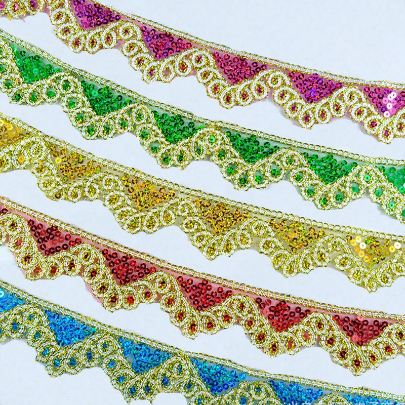 Factory cheap lace sewing polyestic fabric decorative net mesh embroidery triangle sequins fabric sequined lace trim 4.5cm wide