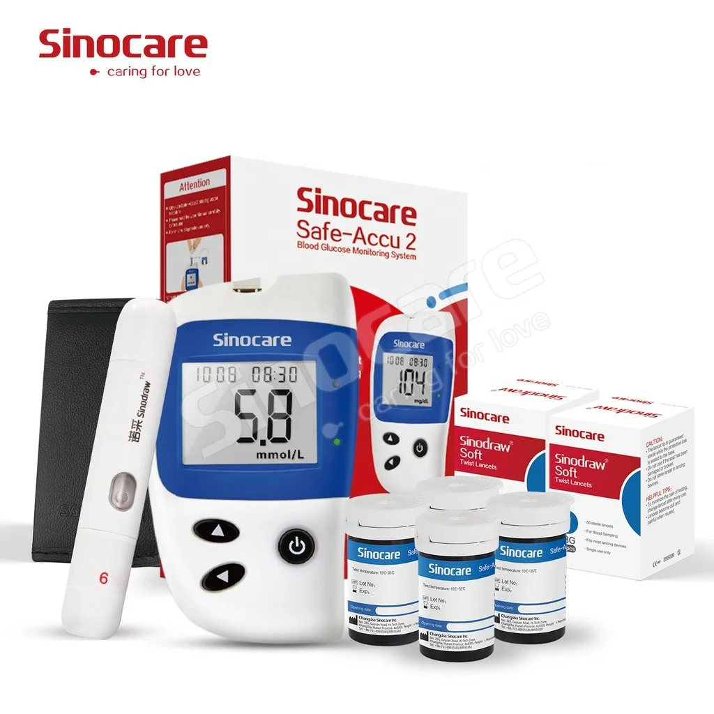 Одобренный CE Sinocare безопасный Accu2 световое предупреждение диабета проверки без использования игл для измерения уровня глюкозы в низкая цена тест-комплект с 100 шт полоски