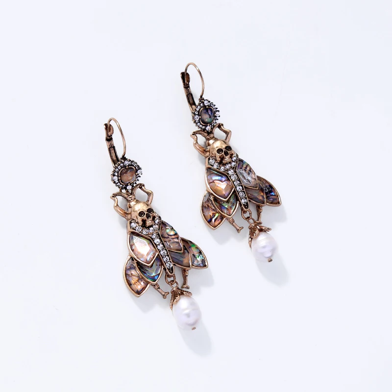 e9112308 Unique Design Long Vintage Gold Skull Fly Insect Colorful Wings Crystal Cultured Freshwater Pearl Charm Earrings
