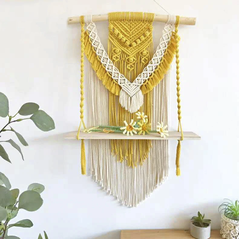 Boho wall hanging cotton rope woven macrame wooden floating shelf multifunctional frame  interior home decoration