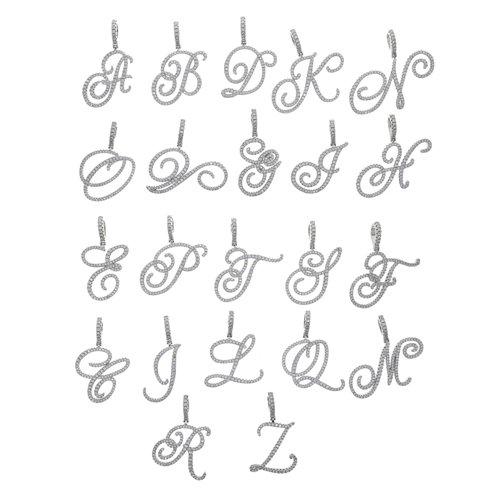 customize name micro pave cz ice out bling women 26 initial Alphabet cursive script letter necklace