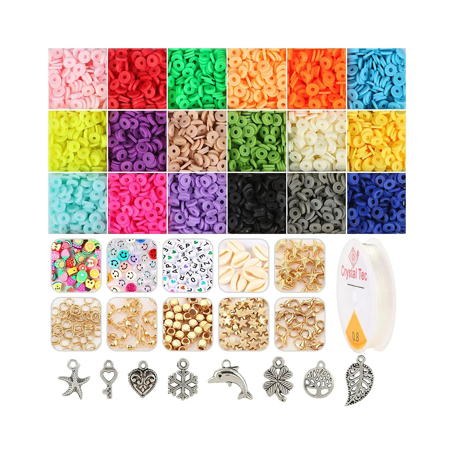 Clay Beads for Bracelets Making for Jewelry Making Preppy, Flat Round Polymer Clay Spacer Beads with Charm