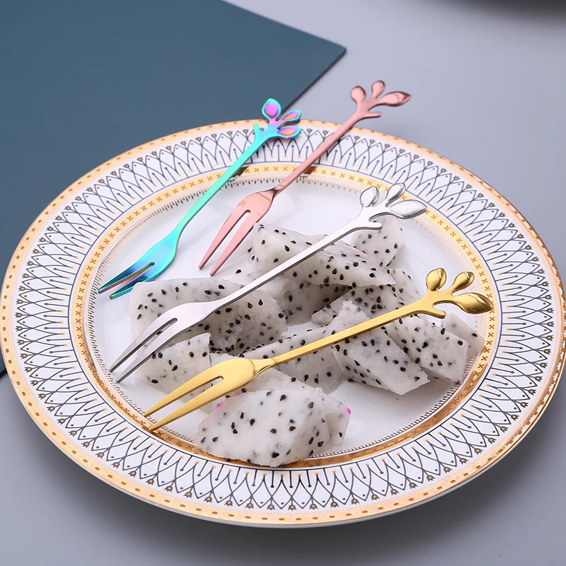 Stainless steel mike spoon Ice cream dessert spoon fork Leaf shape Coffee spoon with colorful