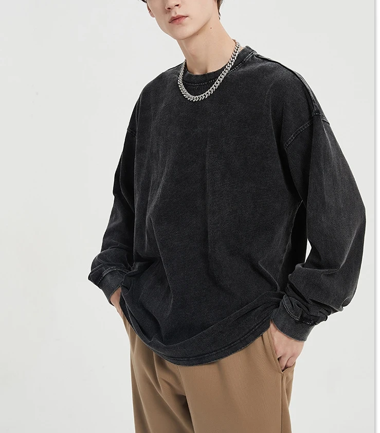 premium acid wash blank long sleeve oversized t-shirt unisex black tee shirts 100% cotton 300gsm t shirt