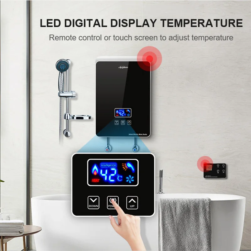 Anlabeier electric shower mini tankless water geyser 5500w with remote and LED screen multi point hot sale water heater