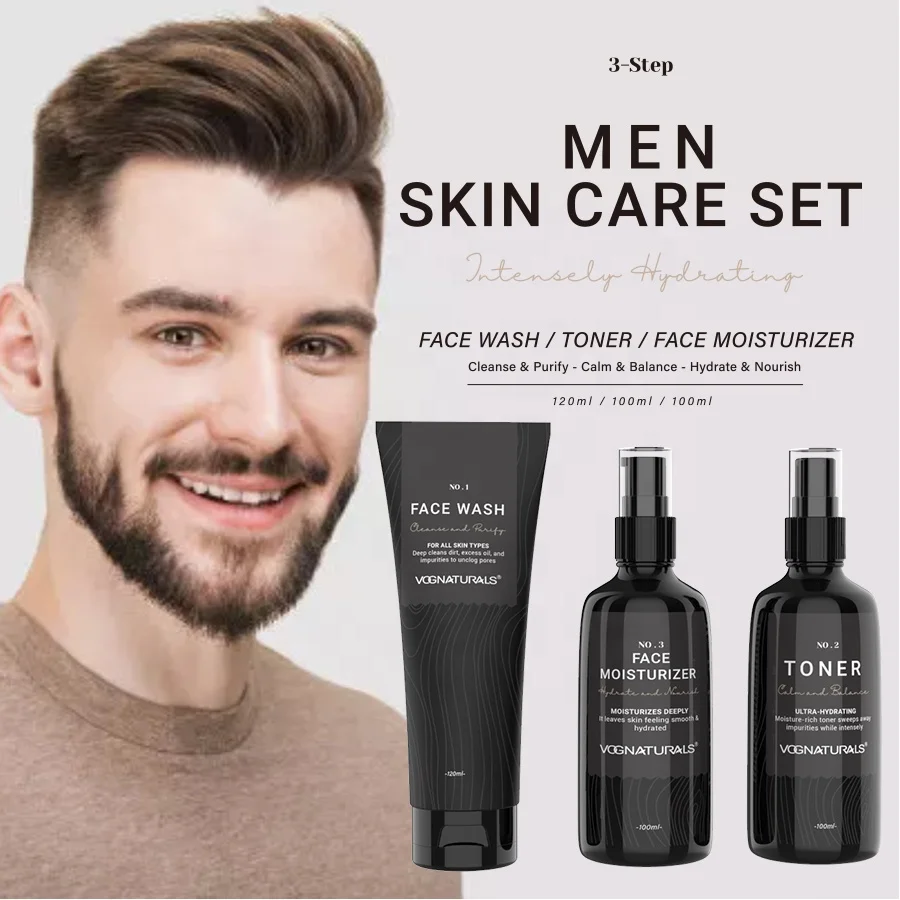 Private Label Skin Care For Men 3 Steps Routine Men Face Wash Toner And Cream Skin Care Set