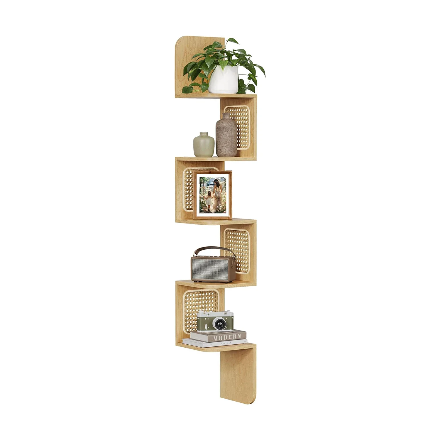 5-Tier Corner Shelf Zigzag Corner Shelf Unit PVC Rattan Sides Wall Mounted Floating Shelf