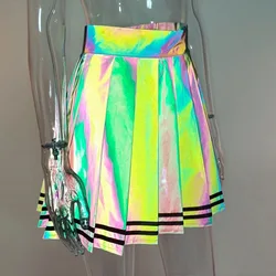 Free shipping  Stylish women reflective pleated skirt  polyester sexy fashion micro A line young girls hot mini skirt