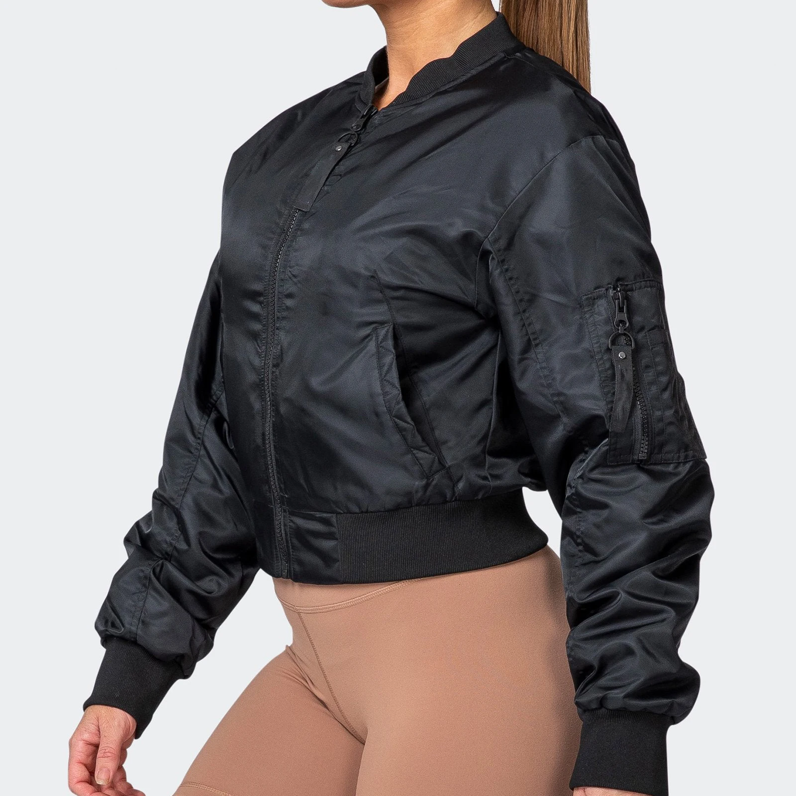 Custom Center Front Zipper Water Resistant Exterior Crop Length Women Bomber Jacket