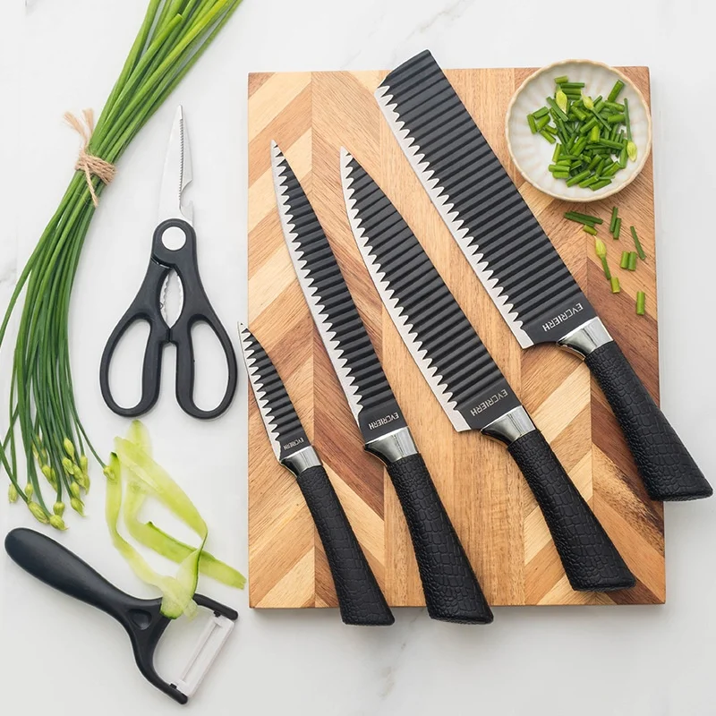 Multi-purpose non-stick black kitchen wavy pattern knife knives set with ergonomic handle