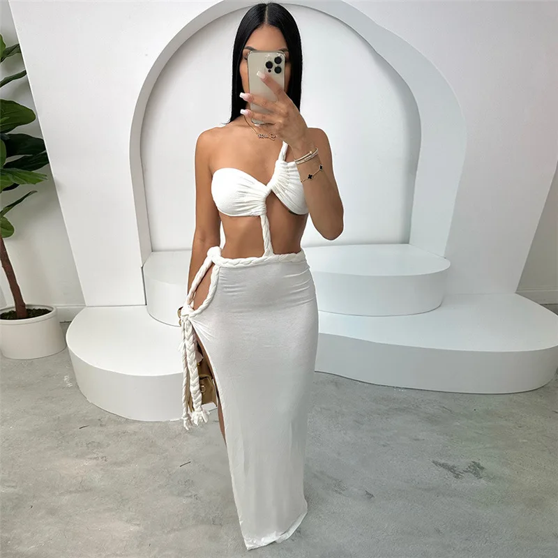 2024 Summer New Sexy Open Back Splitting Tie Up Irregular Style Dress for Women
