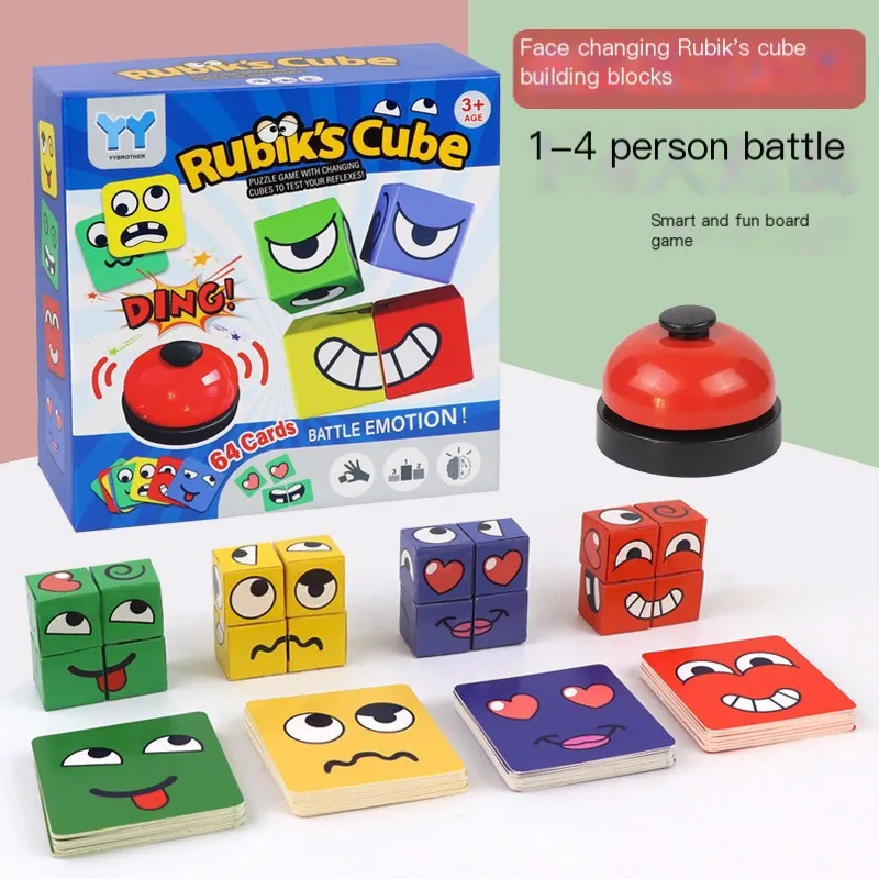 Wooden Building Blocks Face-Changing Jigsaw Puzzles Educational Learning Cubes Toy Set for Challenge with Ring Bell