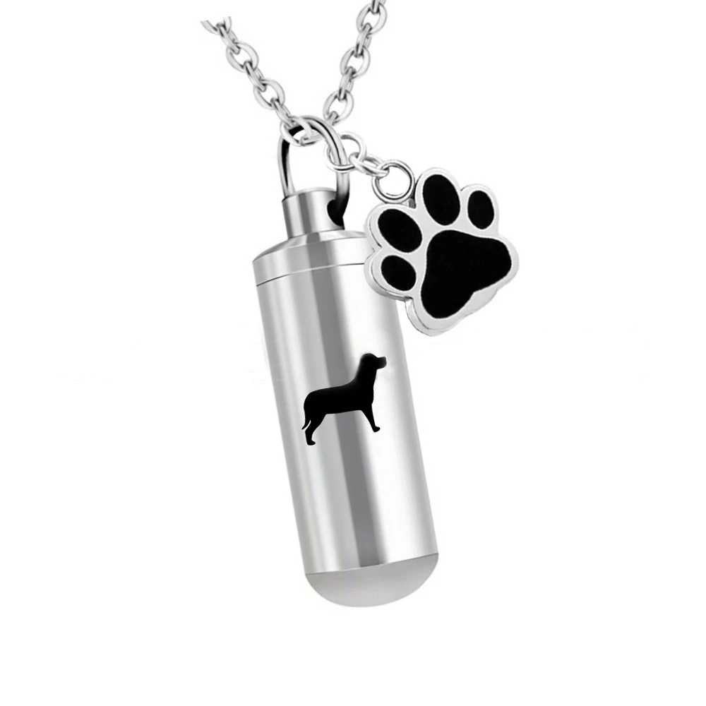 Stainless Steel Paws Print Cylinder Cremation Urn Necklace For Pet Ashes Keepsake Memorial Jewelry Pendant