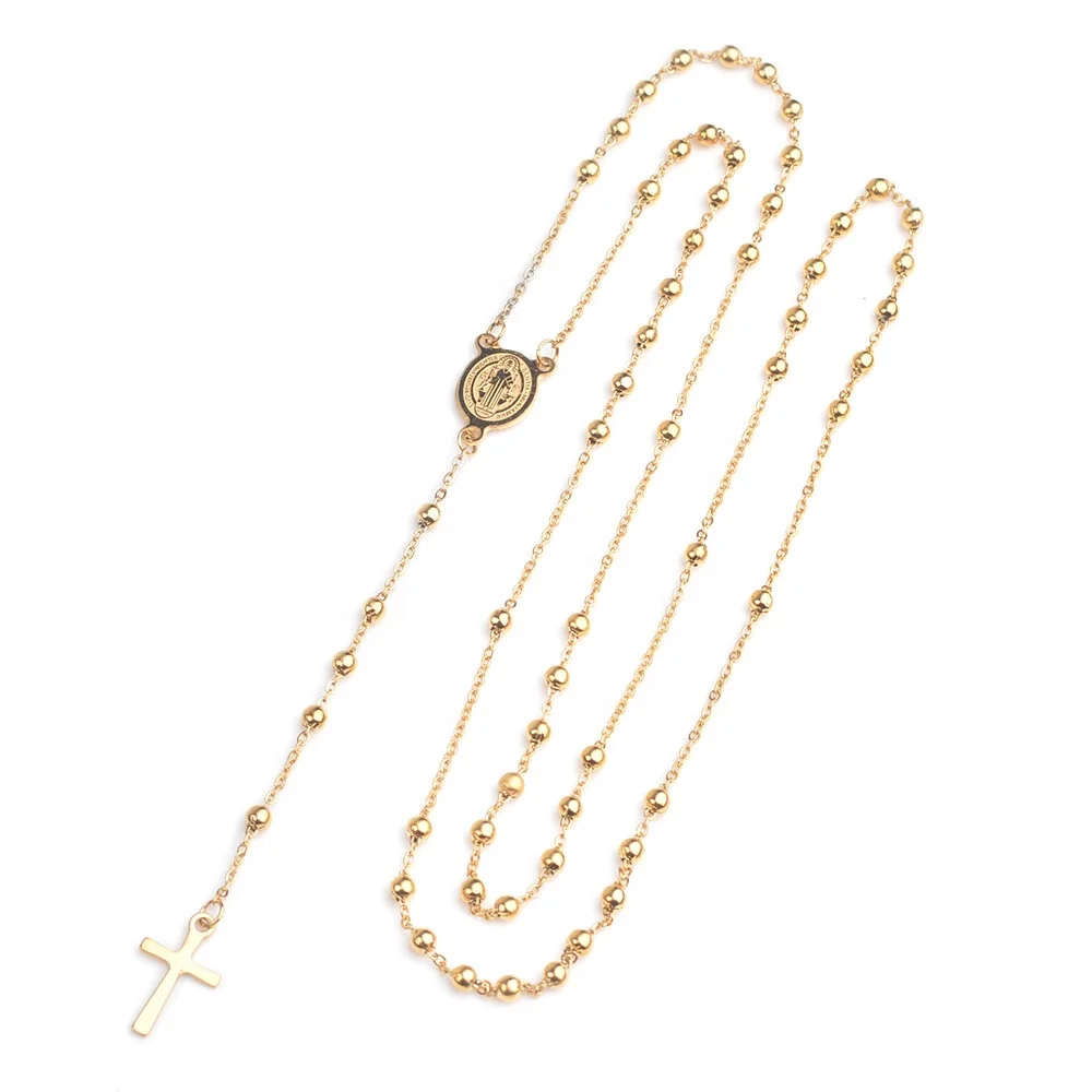St Benedict Gold Plated Silver Stainless Steel  Religious Long Rosaries Virgin Mary Cross Necklace Catholic Rosary